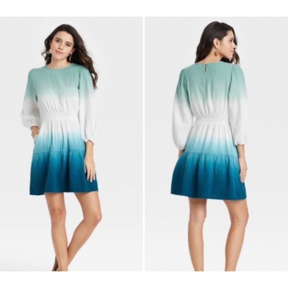 Universal Thread Ombre Dip Dye Cotton Gauze Mini Dress Blue Green XS